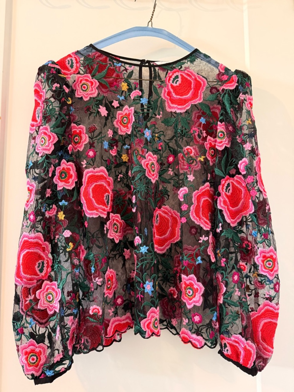 Anthropologie Black Sheer Blouse with Pink and Red Floral Embroidery